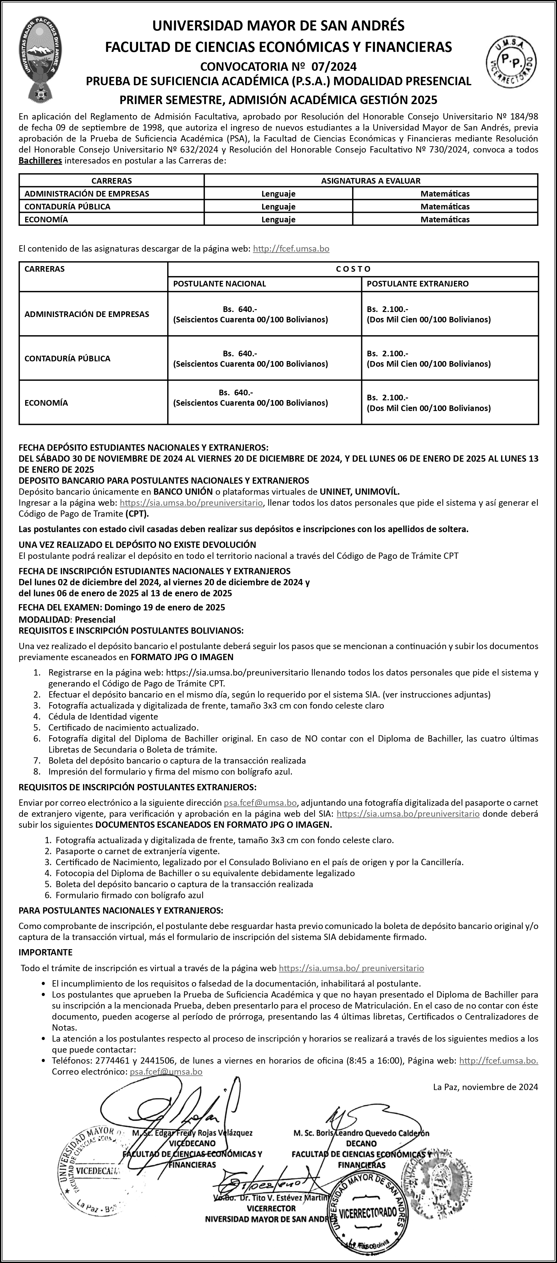 CONVOCATORIA Nº  07/2024 PRUEBA DE SUFICIENCIA ACADÉMICA (P.S.A.) MODALIDAD PRESENCIAL PRIMER SEMESTRE, ADMISIÓN ACADÉMICA GESTIÓN 2025