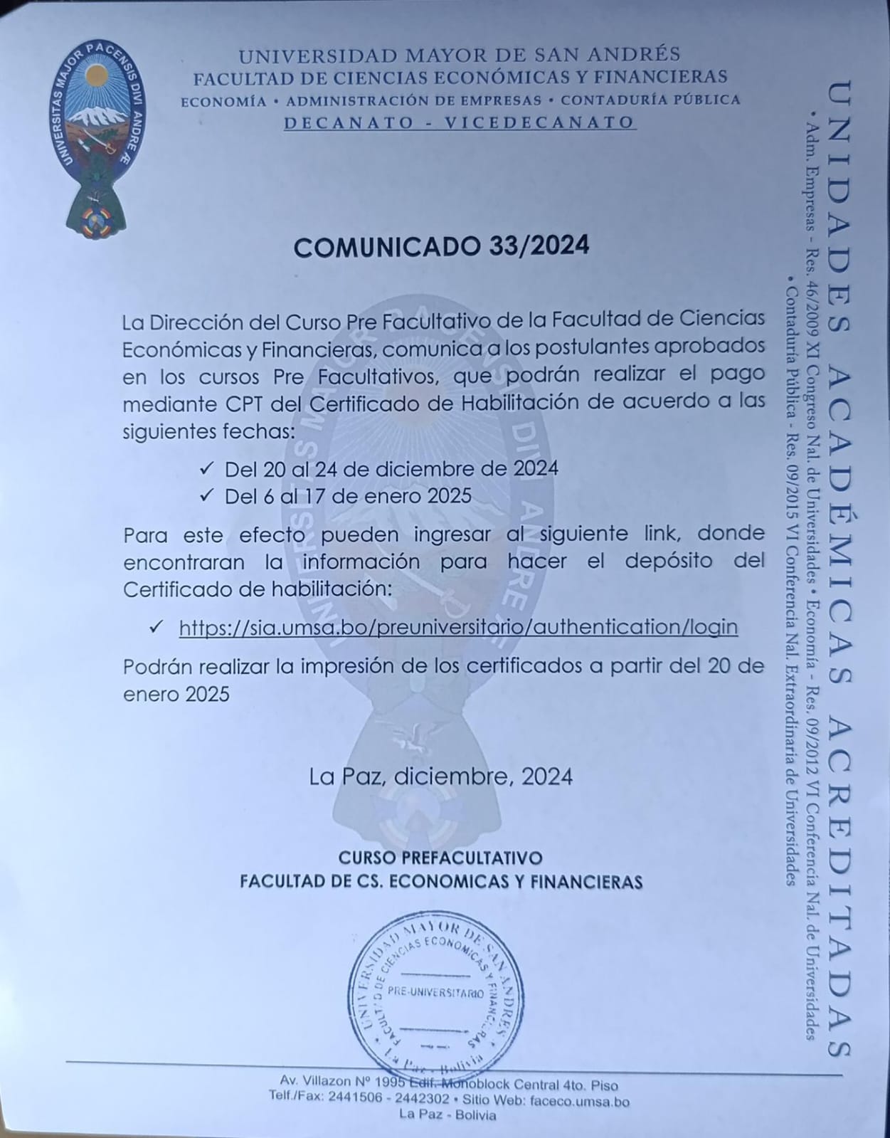 Comunicado certificado de habilitación  estudiantes que aprobaron el prefacultativo gestión 2025