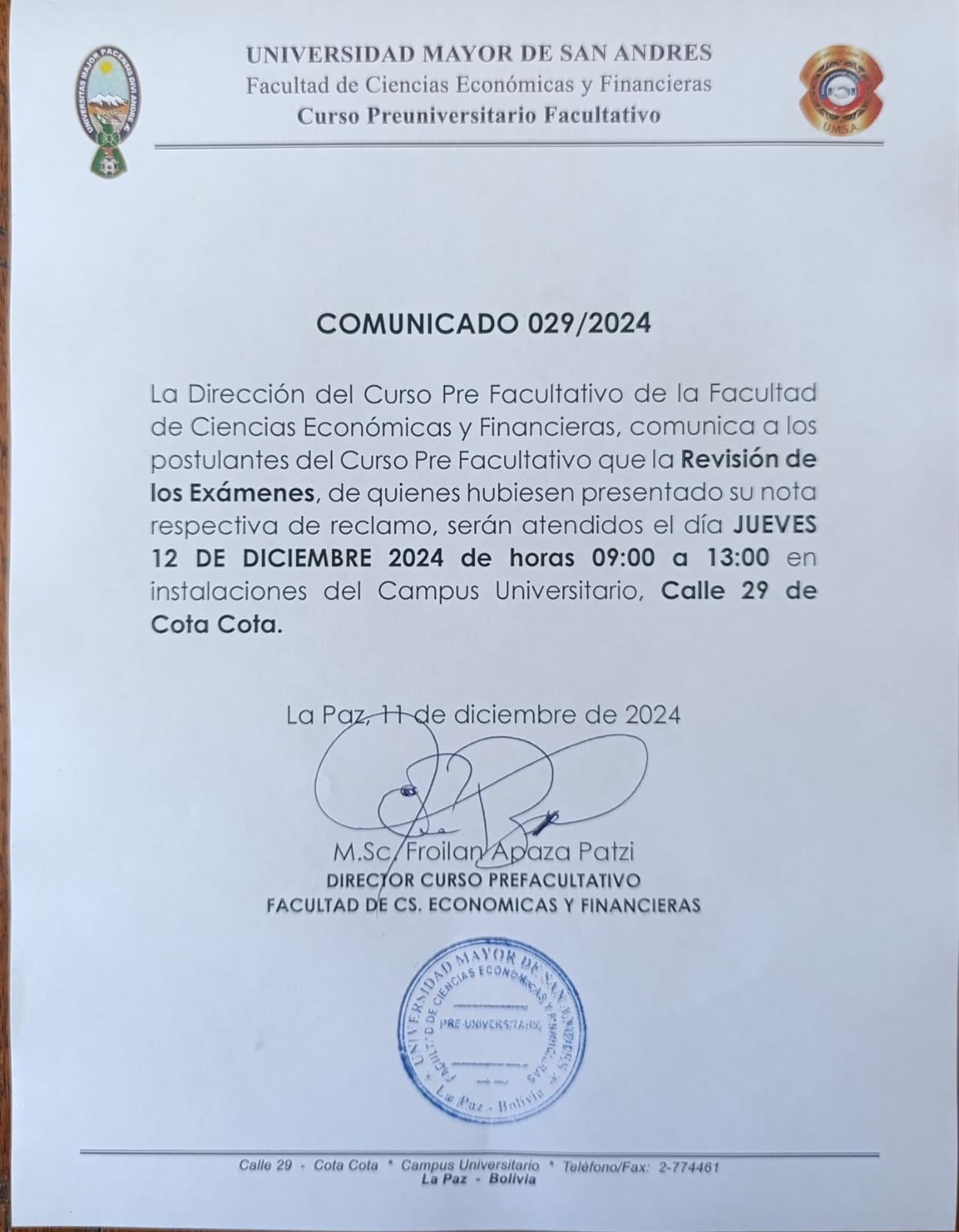 COMUNICADO REVISIÓN DE LOS EXAMENES