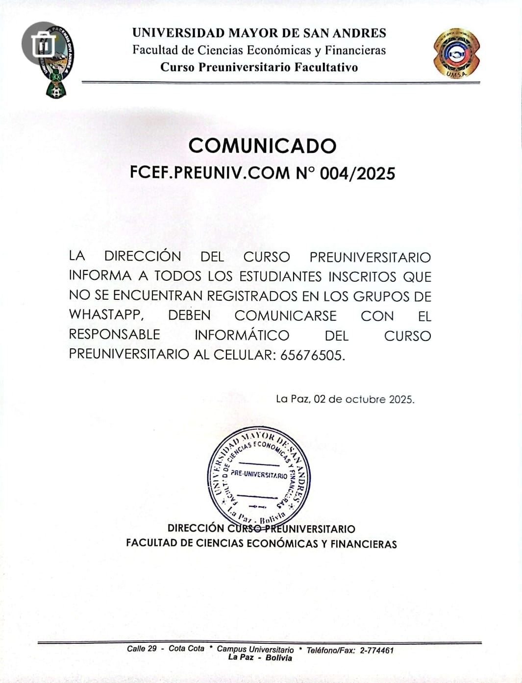 COMUNICADO 04 PREUNIVERSITARIO GESTION 2025