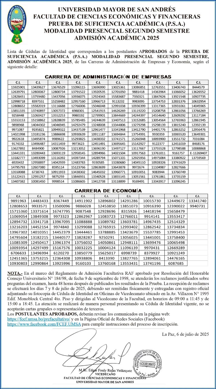 Lista de aprobados del P.S.A segundo semestre gestión académica 2025