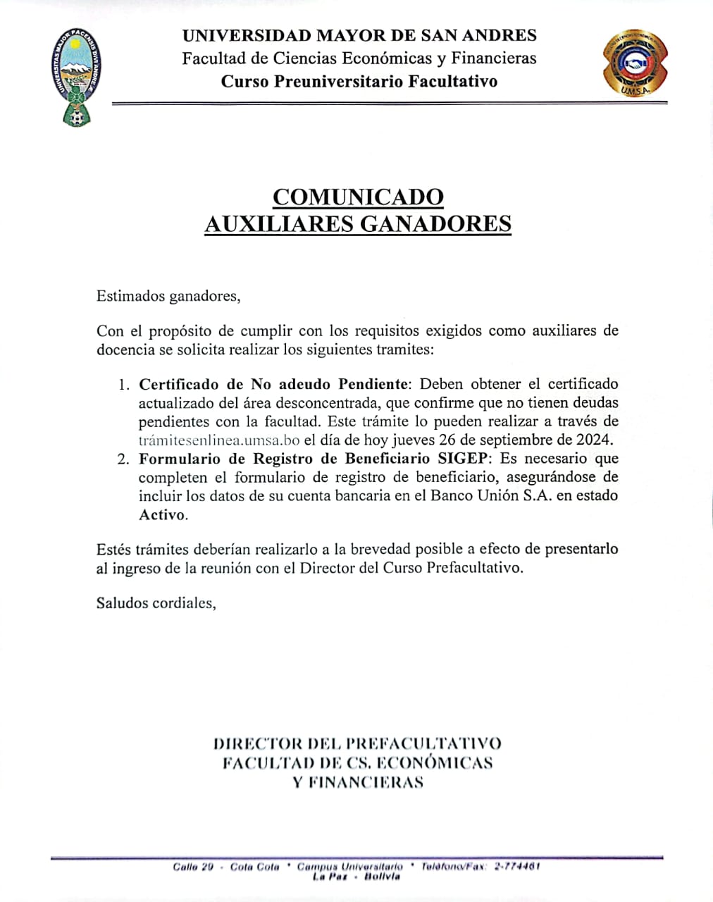 COMUNICADO AUXILIARES GANADORES PREFACULTATIVO