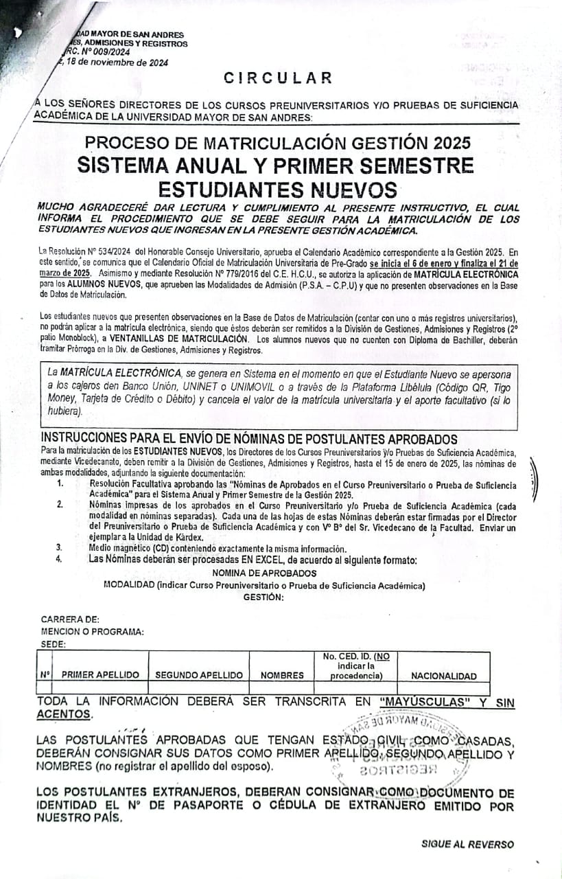 PROCESO DE MATRICULACION GESTION 2025 SISTEMA ANUAL Y PRIMER SEMESTRE ESTUDIANTES NUEVOS